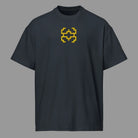 Invaders embroidered box tee in Navy Blazer, front view: golden yellow stepped figure with a black outline, centre chest