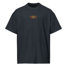 Invaders 2 embroidered box tee in Navy Blazer, front view: small red, orange, yellow and white badge in a yellow frame