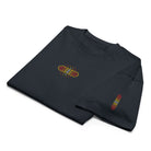 Invaders 2 embroidered box tee in Navy Blazer, folded, detail: red to yellow hook badge with white diamonds, sleeve strip