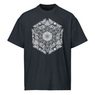 GeoMaster B&W cotton box t-shirt in Navy Blazer, front view: white and grey hexagon of cubes, honeycomb cells and medallions