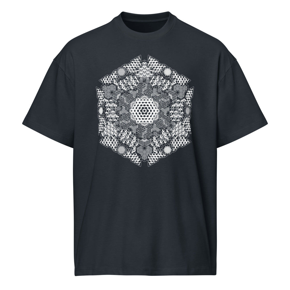 GeoMaster B&W cotton box t-shirt in Navy Blazer, front view: white and grey hexagon of cubes, honeycomb cells and medallions