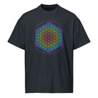 Life of a Flower cotton box t-shirt in Navy Blazer, front view: rainbow flower of life pattern inside two violet circles