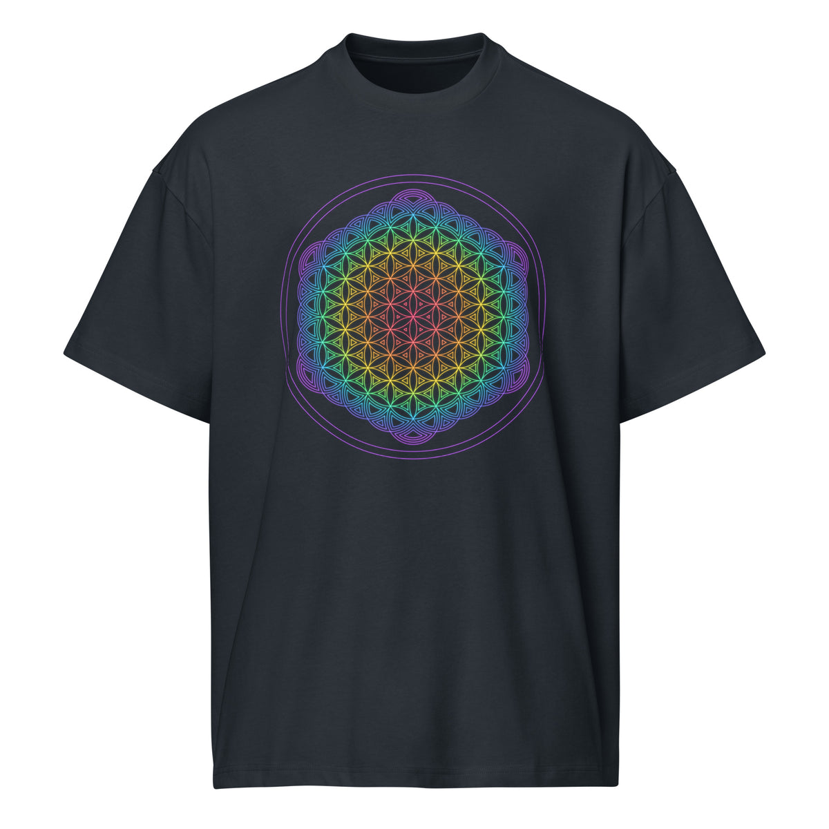 Life of a Flower cotton box t-shirt in Navy Blazer, front view: rainbow flower of life pattern inside two violet circles
