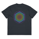 Life of a Flower cotton box t-shirt in Navy Blazer, flat front view: rainbow flower of life inside two violet circles