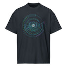 Hex Core cotton box t-shirt in Navy Blazer, front view: turquoise, violet and green rings around a white hexagon sphere
