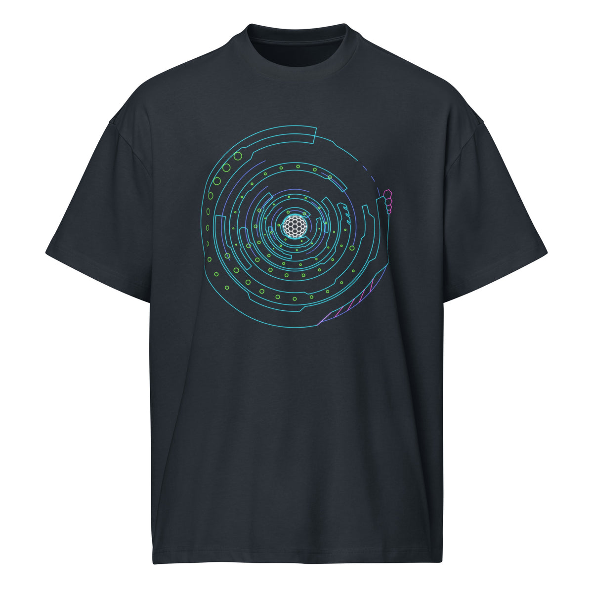 Hex Core cotton box t-shirt in Navy Blazer, front view: turquoise, violet and green rings around a white hexagon sphere