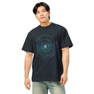 Hex Core cotton box t-shirt in Navy Blazer, front view on a model: turquoise and violet rings across the chest