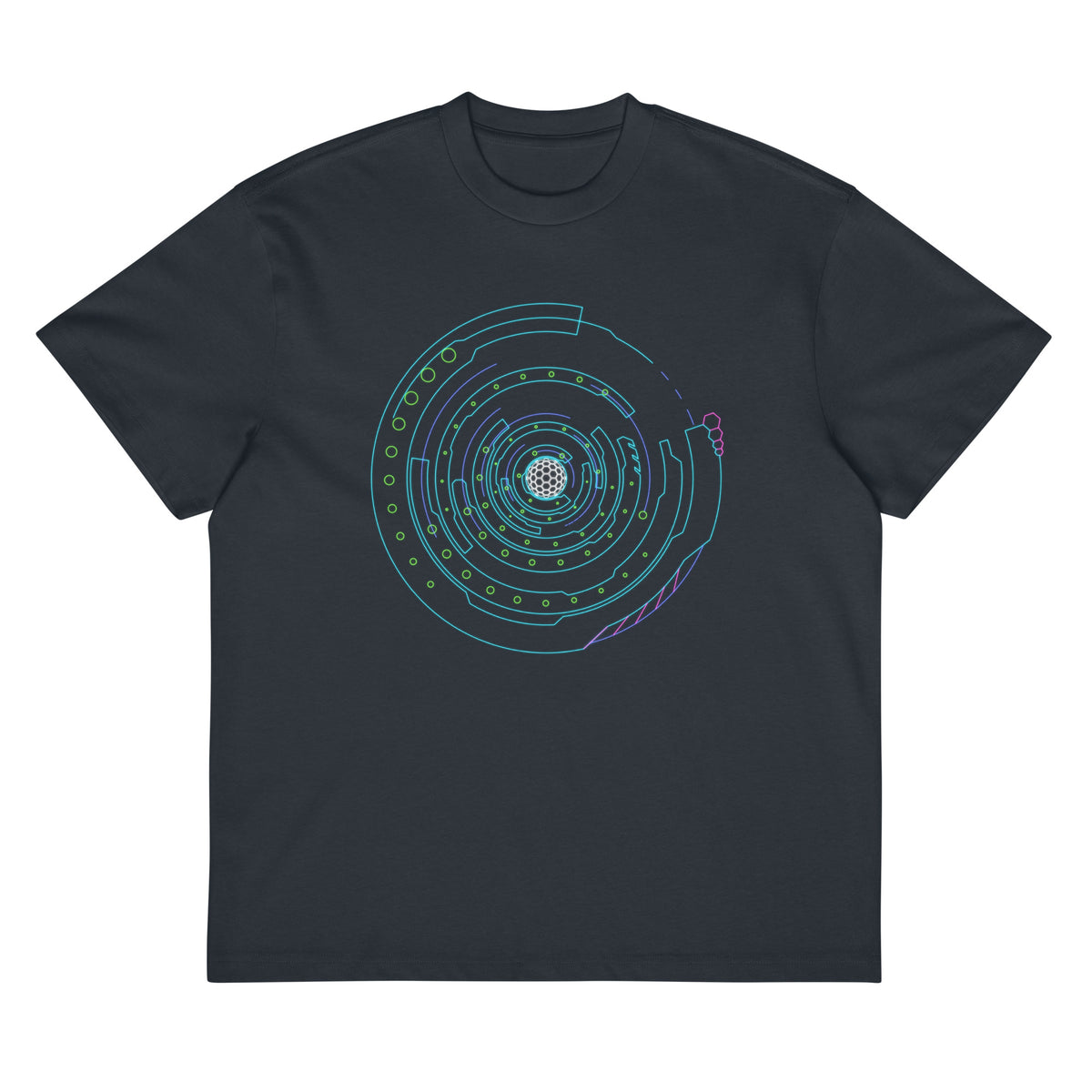 Hex Core cotton box t-shirt in Navy Blazer, flat front view: rings, green dots and magenta hexagons on the chest