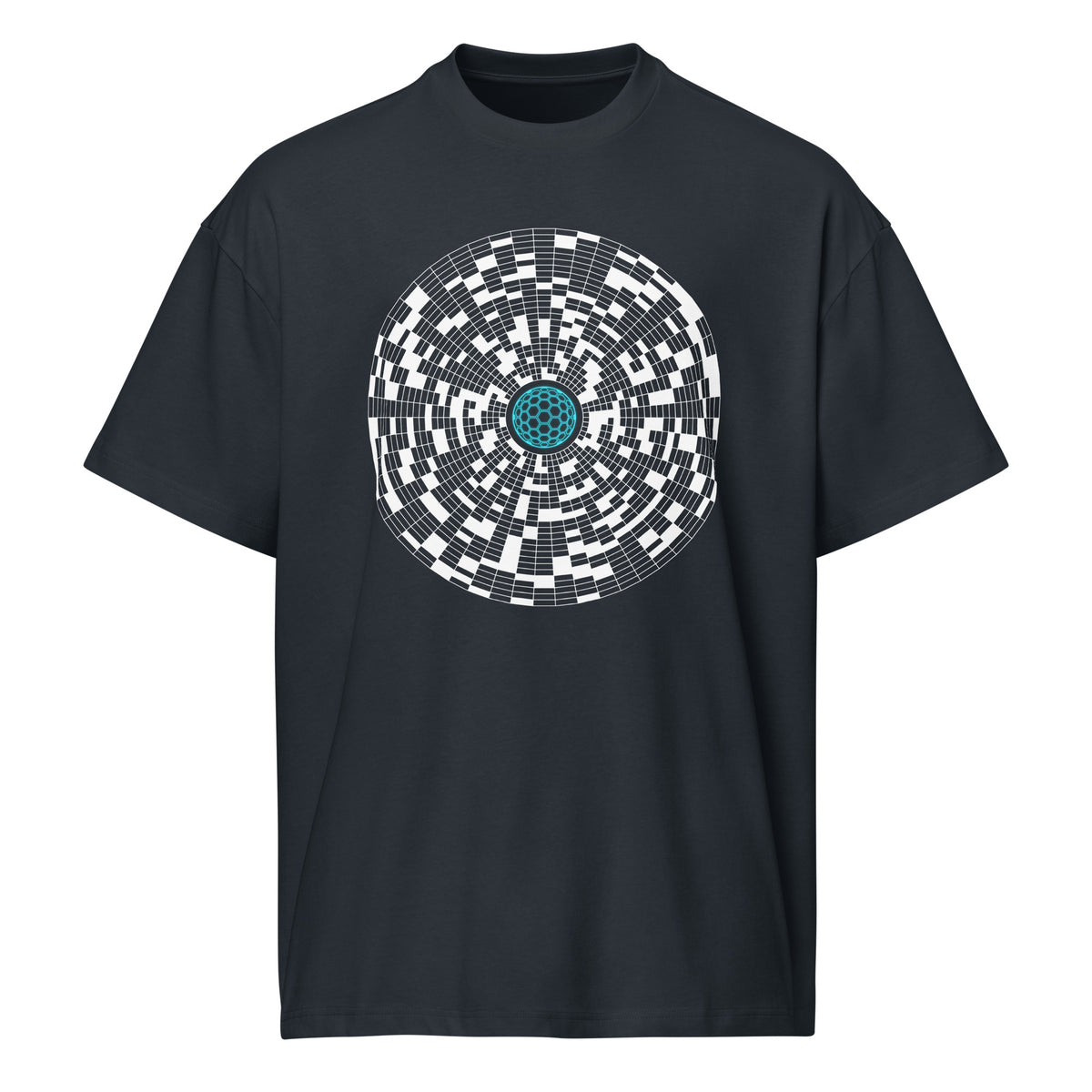 Broken Hex Core cotton box t-shirt in Navy Blazer, front view: white cell disc around a turquoise hexagon sphere