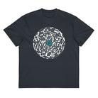 Broken Hex Core cotton box t-shirt in Navy Blazer, flat front view: white disc of broken rings around a turquoise sphere