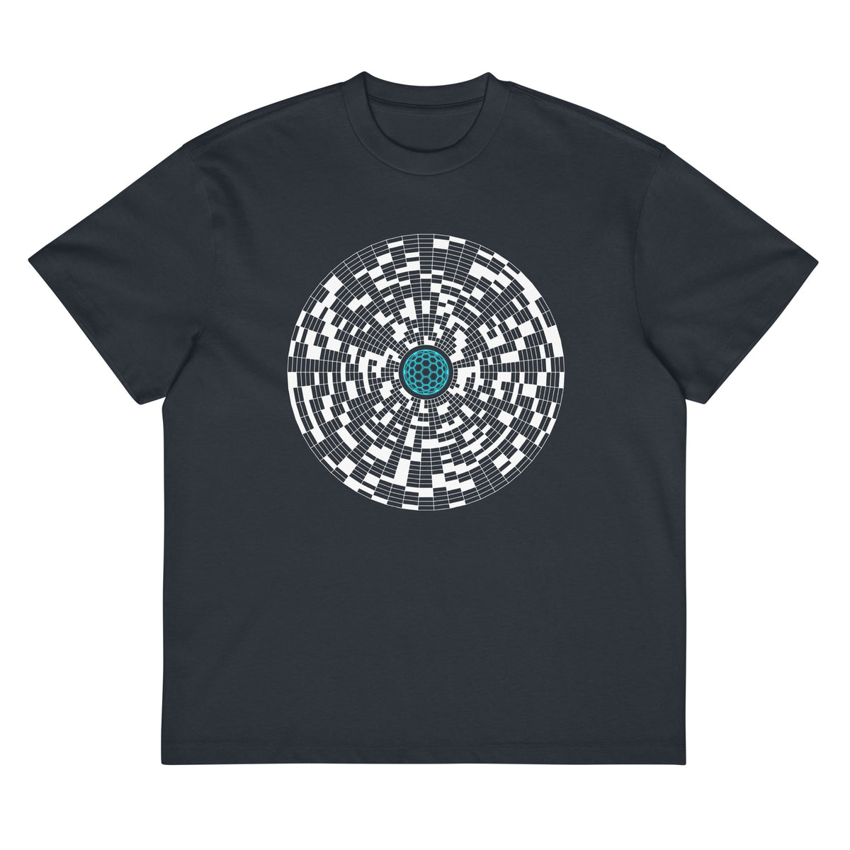 Broken Hex Core cotton box t-shirt in Navy Blazer, flat front view: white disc of broken rings around a turquoise sphere
