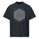 Life of a Flower B&W cotton box t-shirt in Navy Blazer, front view: white flower of life pattern inside two thin circles
