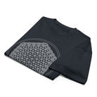 Life of a Flower B&W cotton box t-shirt in Navy Blazer, folded: part of the white pattern and its two outer circles