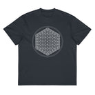Life of a Flower B&W cotton box t-shirt in Navy Blazer, flat front view: white flower of life inside two thin circles