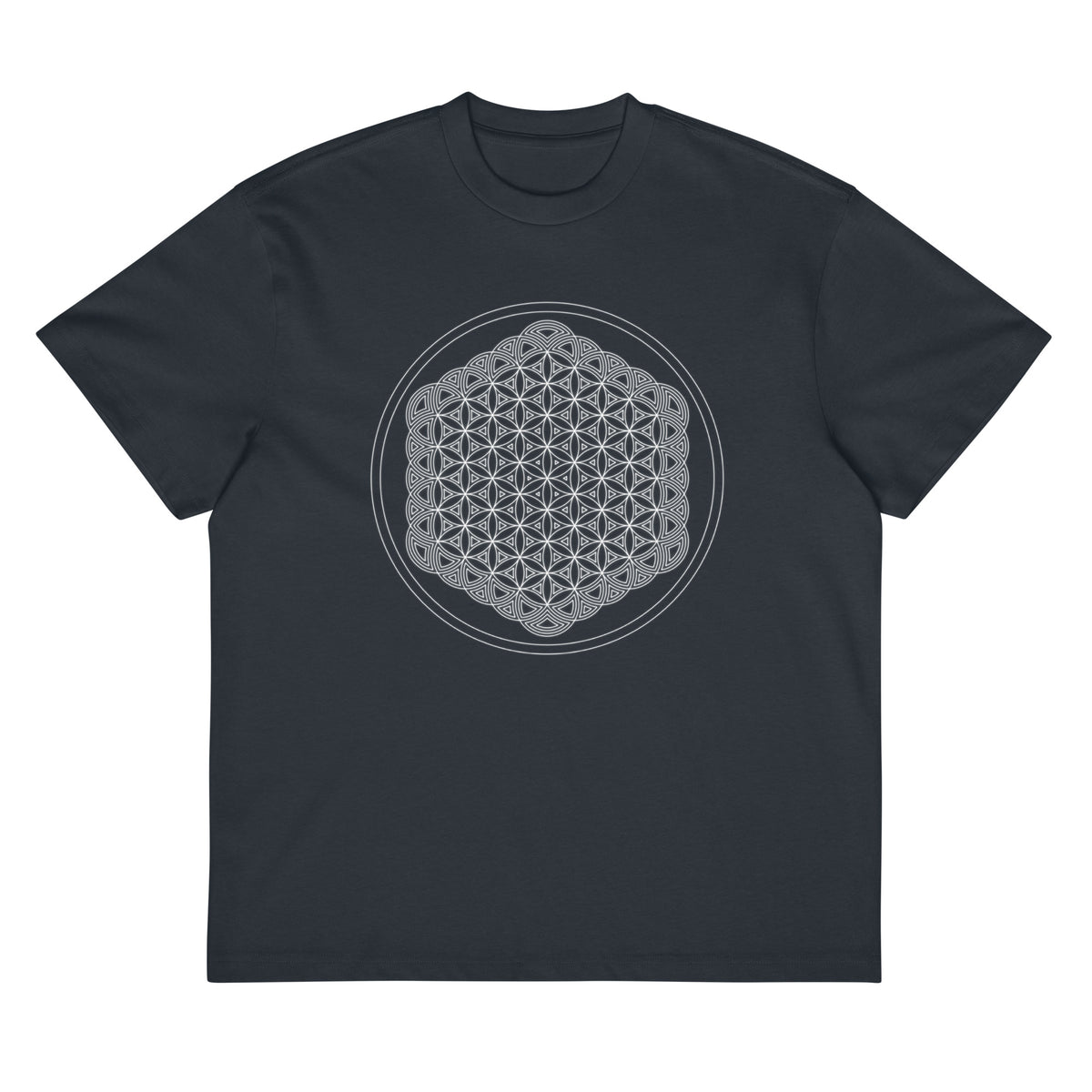 Life of a Flower B&W cotton box t-shirt in Navy Blazer, flat front view: white flower of life inside two thin circles