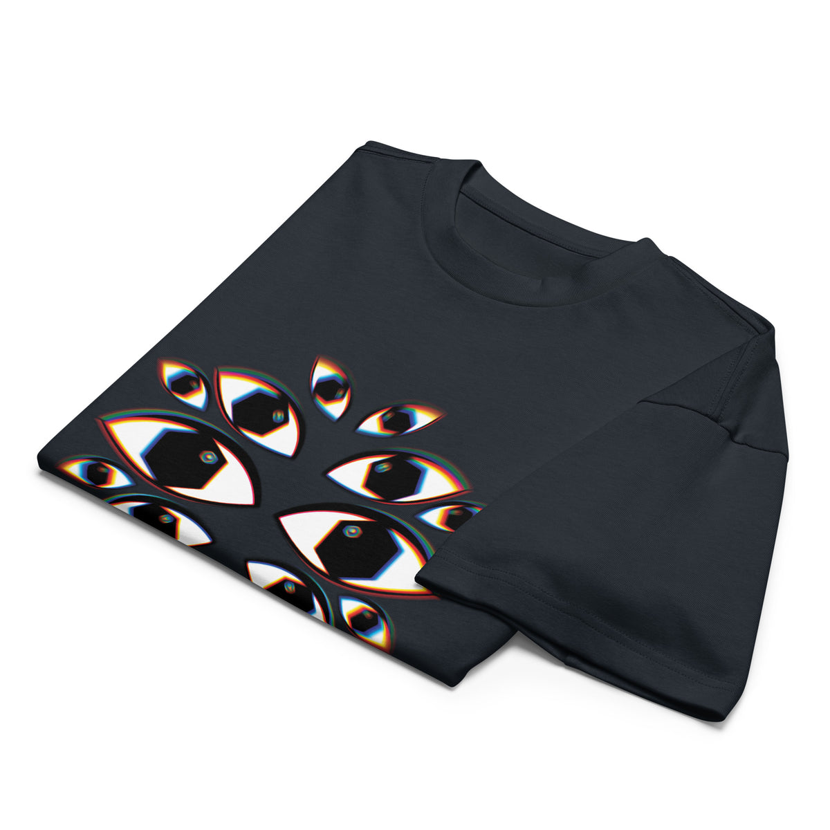 I See You cotton box t-shirt in Navy Blazer, folded: part of the eye print, white eyes with black hexagon pupils