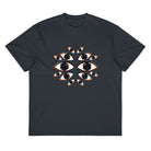 I See You cotton box t-shirt in Navy Blazer, flat front: fourteen mirrored eyes with black hexagon pupils on the chest