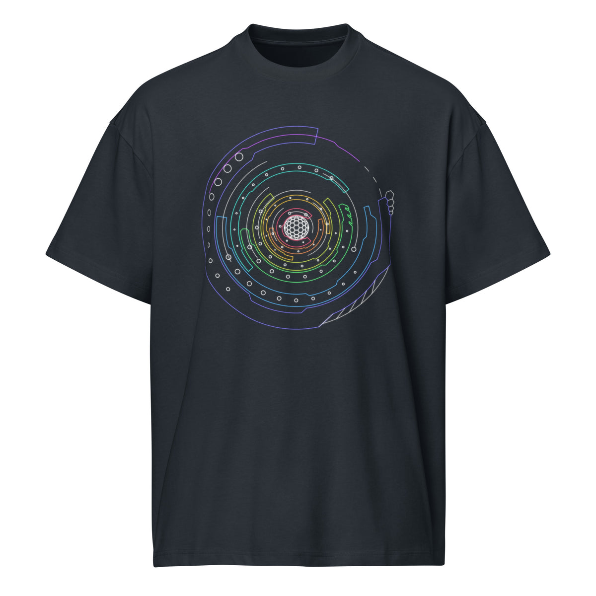 Hex Core Rainbow cotton box t-shirt in Navy Blazer, front view: red to violet rings around a white hexagon sphere