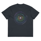 Hex Core Rainbow cotton box t-shirt in Navy Blazer, flat front view: rainbow rings with white dots on the chest