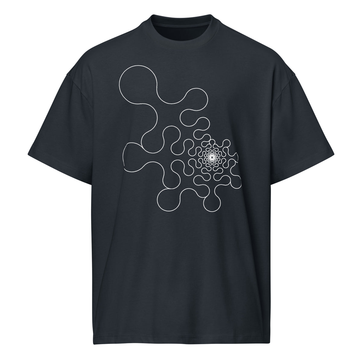 Metaball B&W cotton box t-shirt in Navy Blazer, front view: white outline of rounded lobes shrinking into a dense core