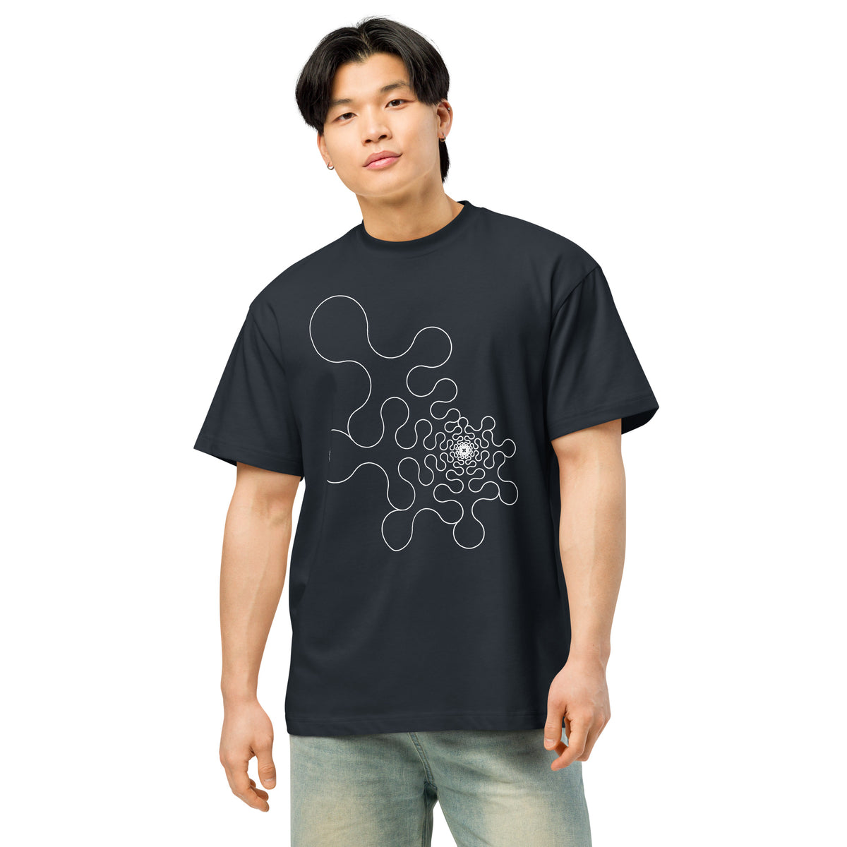 Metaball B&W cotton box t-shirt in Navy Blazer, front view on a model: white line of rounded lobes across the chest