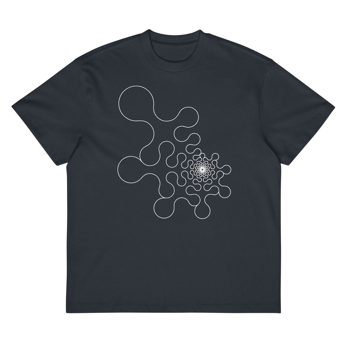 Metaball B&W cotton box t-shirt in Navy Blazer, flat front view: white outline of rounded lobes around a dense core