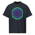 Star Weave cotton box t-shirt in Navy Blazer, front view: green, blue and violet line circles with a six-armed star