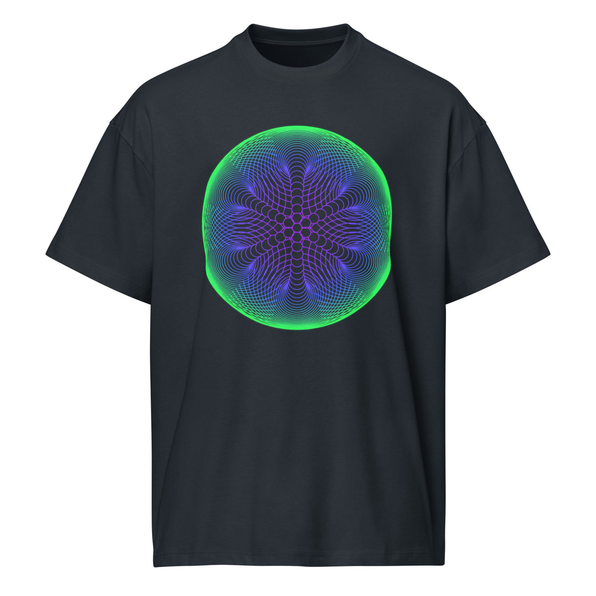 Star Weave cotton box t-shirt in Navy Blazer, front view: green, blue and violet line circles with a six-armed star