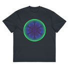 Star Weave cotton box t-shirt in Navy Blazer, flat front view: green rim, blue and violet line circles, six-armed star