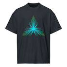 Fractal Triangle cotton box t-shirt in Navy Blazer, front view: hexagon triangle, turquoise centre to lime green corners