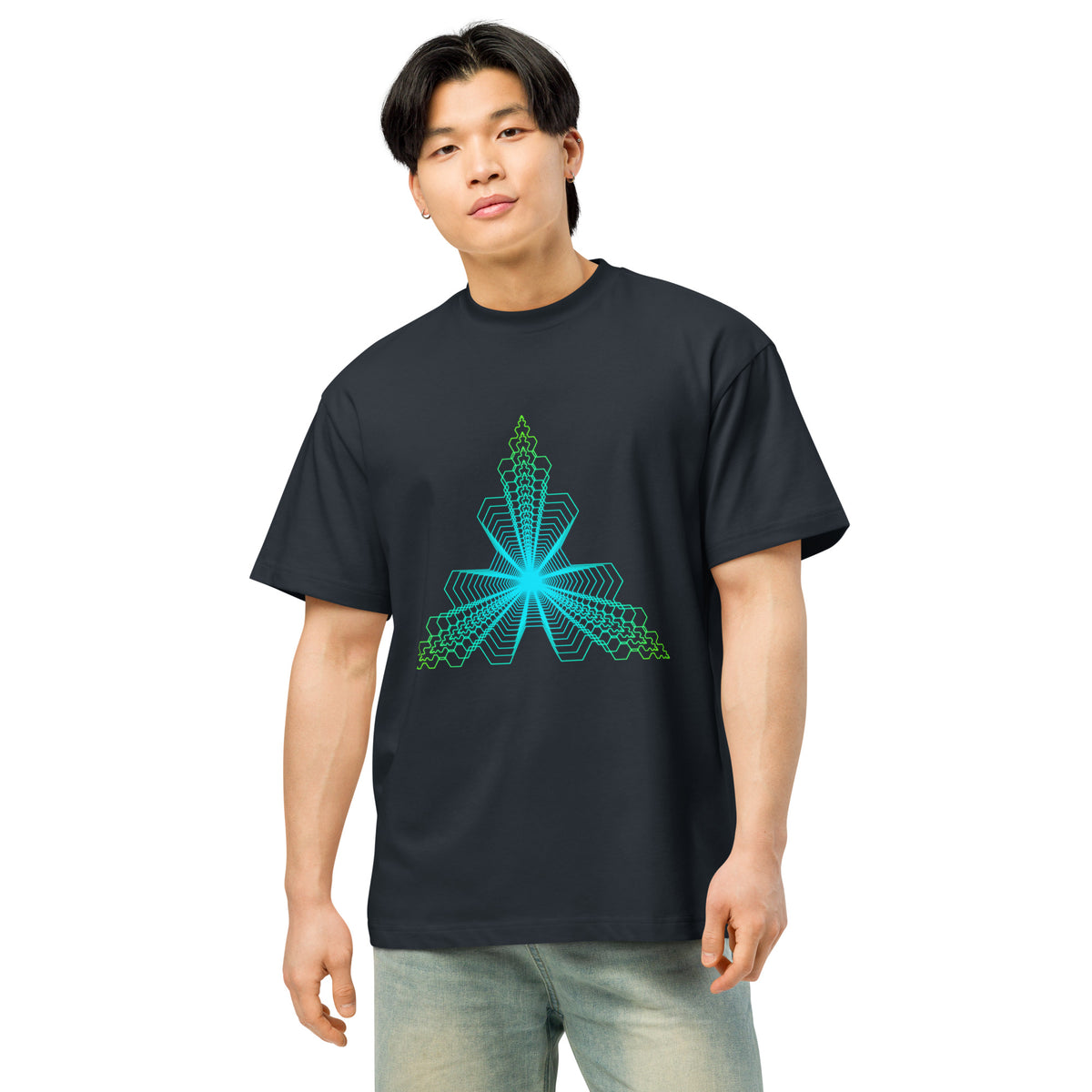 Fractal Triangle cotton box t-shirt in Navy Blazer, front on a model: turquoise to lime green hexagon triangle on the chest