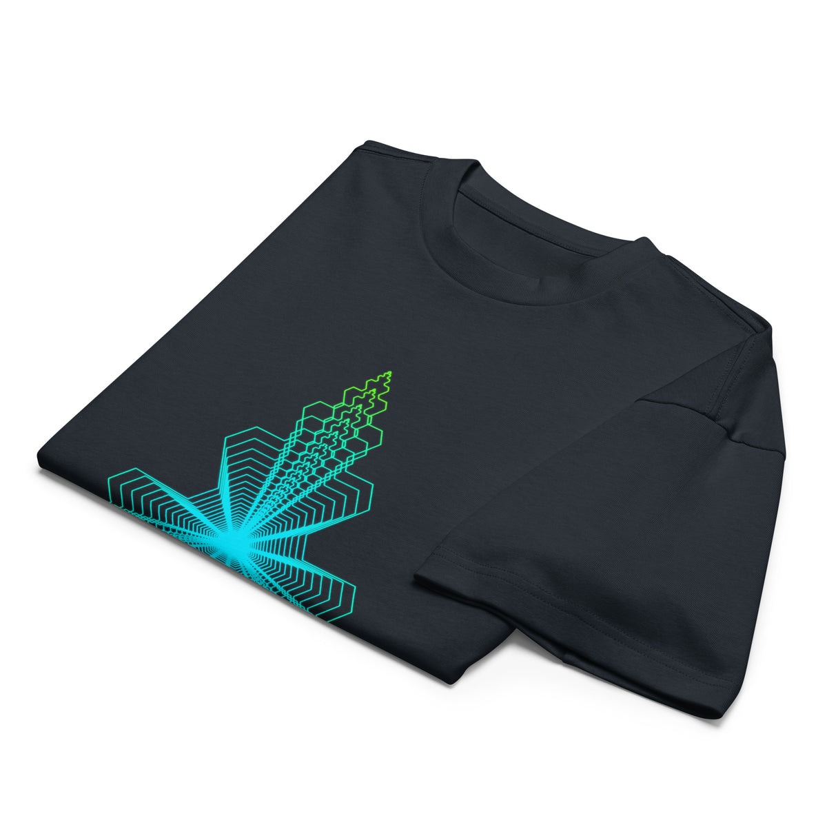 Fractal Triangle cotton box t-shirt in Navy Blazer, folded: part of the triangle, turquoise centre and a lime green corner