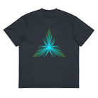 Fractal Triangle cotton box t-shirt in Navy Blazer, flat front: turquoise to lime green hexagon triangle on the chest