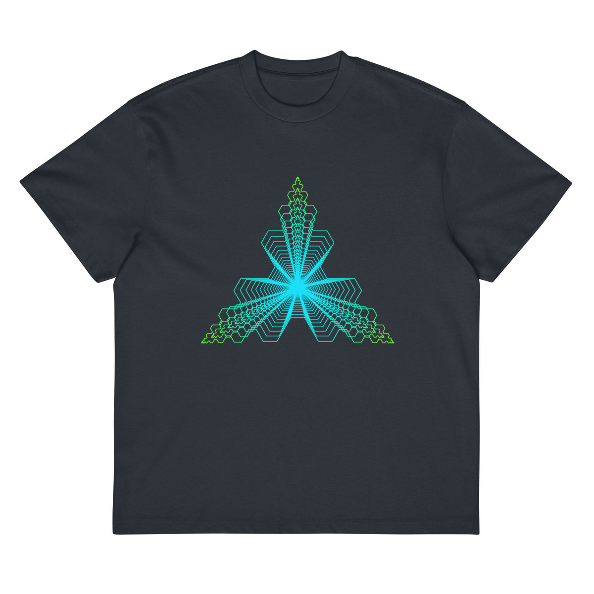 Fractal Triangle cotton box t-shirt in Navy Blazer, flat front: turquoise to lime green hexagon triangle on the chest