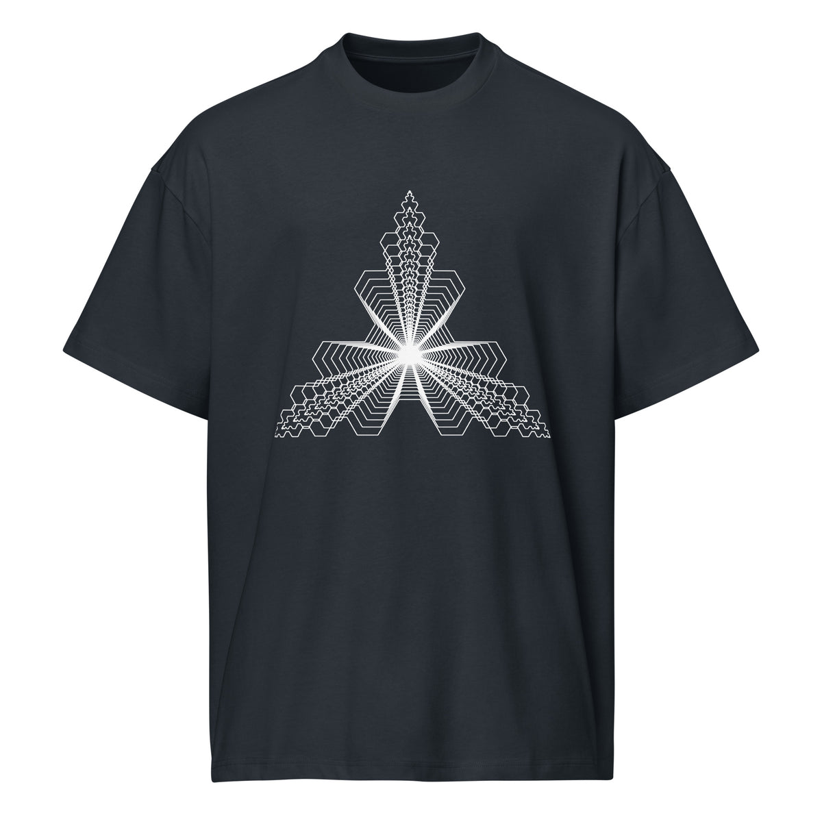 Fractal Triangle B&W cotton box t-shirt in Navy Blazer, front view: white triangle of nested hexagon outlines