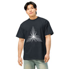 Fractal Triangle B&W cotton box t-shirt in Navy Blazer, front on a model: white hexagon triangle on the chest