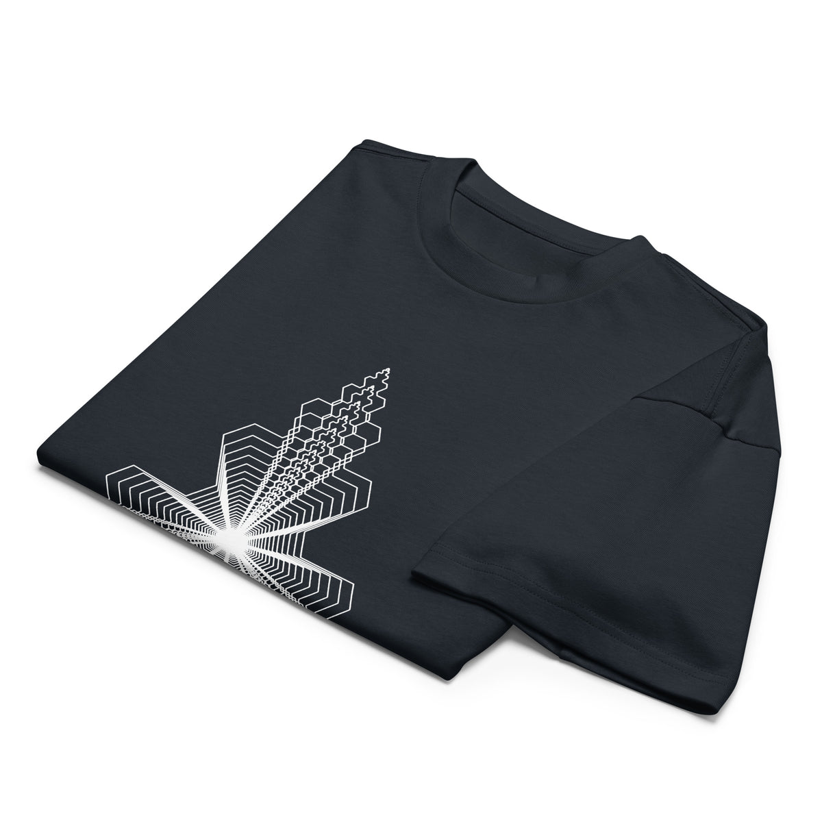 Fractal Triangle B&W cotton box t-shirt in Navy Blazer, folded: part of the white triangle, centre point and one corner