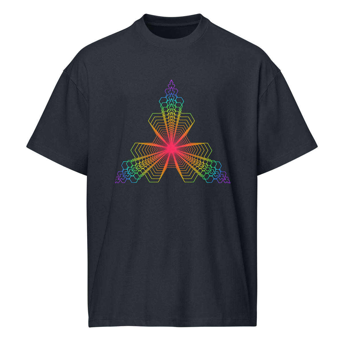 Fractal Triangle Rainbow cotton box t-shirt in Navy Blazer, front view: rainbow hexagon triangle with a pink-red centre