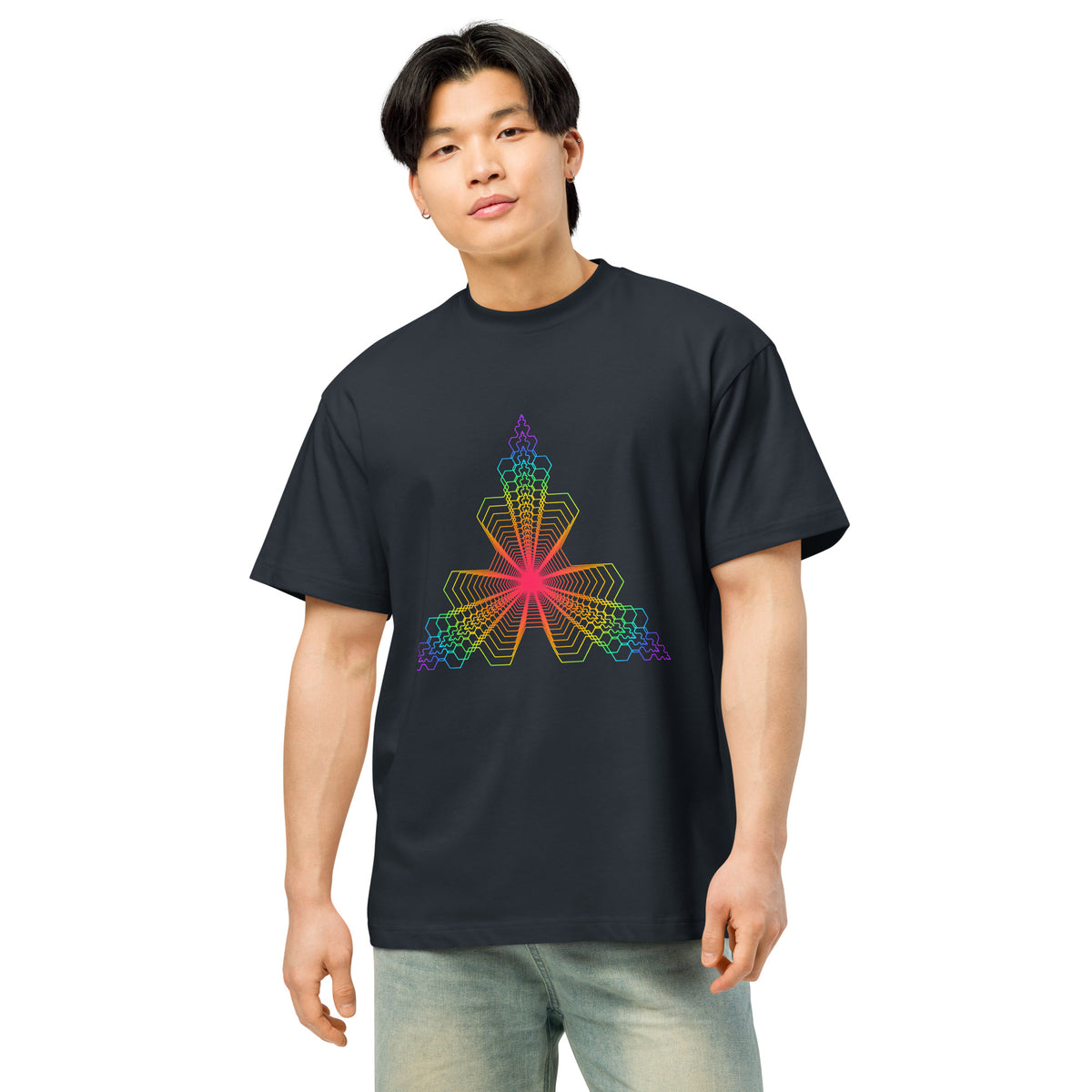 Fractal Triangle Rainbow cotton box t-shirt in Navy Blazer, front view on a model: rainbow triangle print on the chest