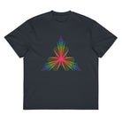 Fractal Triangle Rainbow cotton box t-shirt in Navy Blazer, flat front view: rainbow hexagon triangle on the chest