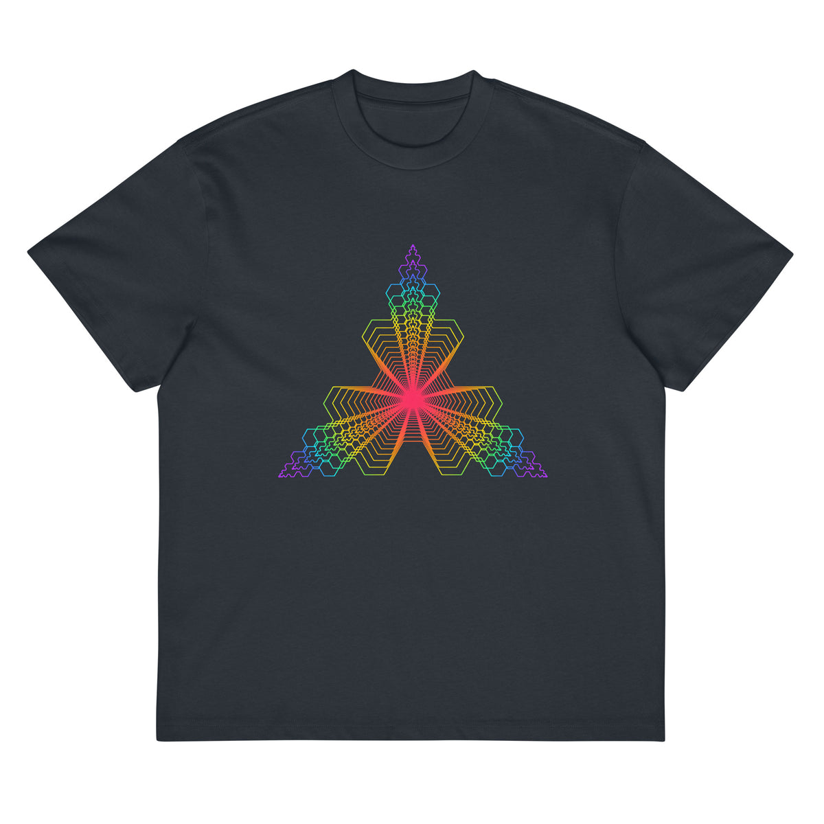 Fractal Triangle Rainbow cotton box t-shirt in Navy Blazer, flat front view: rainbow hexagon triangle on the chest