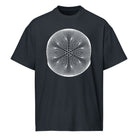 Star Weave B&W cotton box t-shirt in Navy Blazer, front view: white disc of fine line circles with a six-armed star