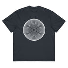 Star Weave B&W cotton box t-shirt in Navy Blazer, flat front view: white disc of line circles with a six-armed star