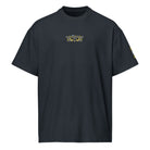 Owl embroidered box tee in Navy Blazer, front view: yellow, white and grey owl face on the chest, mark on the left sleeve