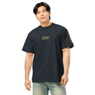 Owl embroidered box tee in Navy Blazer, front on a person: owl face on the chest, yellow and white mark on the left sleeve