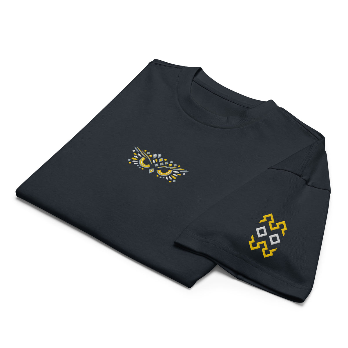 Owl embroidered box tee in Navy Blazer, folded: owl face on the chest, yellow zigzags and white diamonds on the sleeve