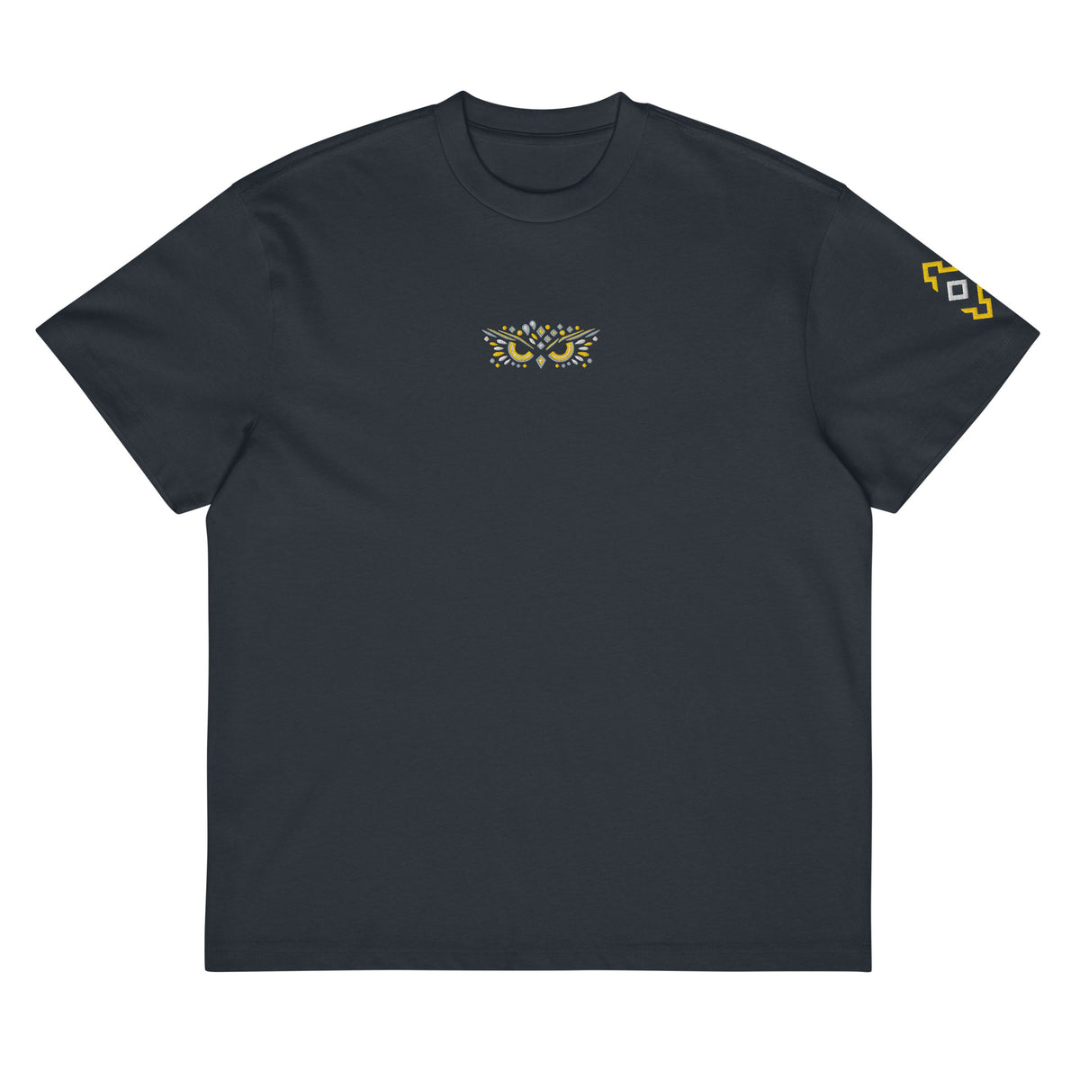Owl embroidered box tee in Navy Blazer, flat front: small owl face on the chest, yellow and white mark on the left sleeve