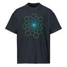 Fibonacci Sequence 1 cotton box t-shirt in Navy Blazer, front view: green and cyan spiral of cells on the chest