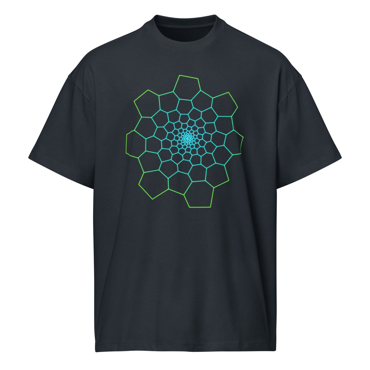 Fibonacci Sequence 1 cotton box t-shirt in Navy Blazer, front view: green and cyan spiral of cells on the chest