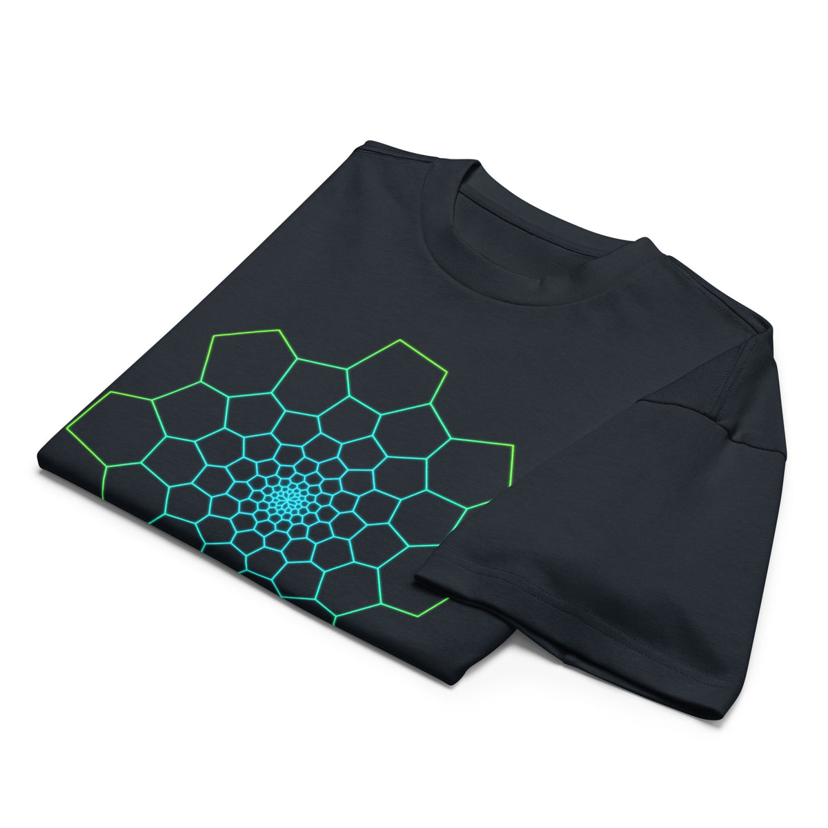 Fibonacci Sequence 1 cotton box t-shirt in Navy Blazer, folded: spiral of green and turquoise cells around a cyan centre